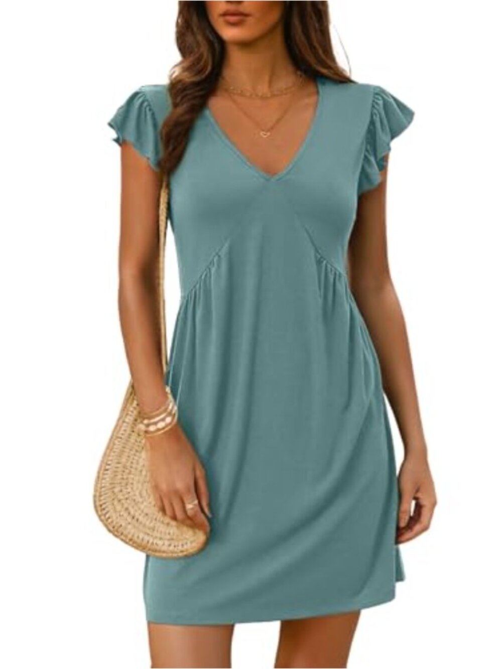 Women's Summer Mini Dress V-Neck Ruffle Sleeve Loose Beach Casual